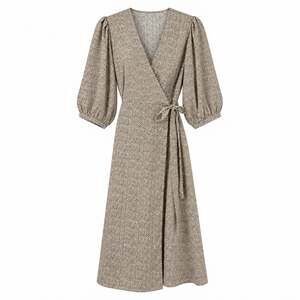 Compania Fantastica Satin Wrap Dress XS Beige Black Polka Dot Puff Sleeves